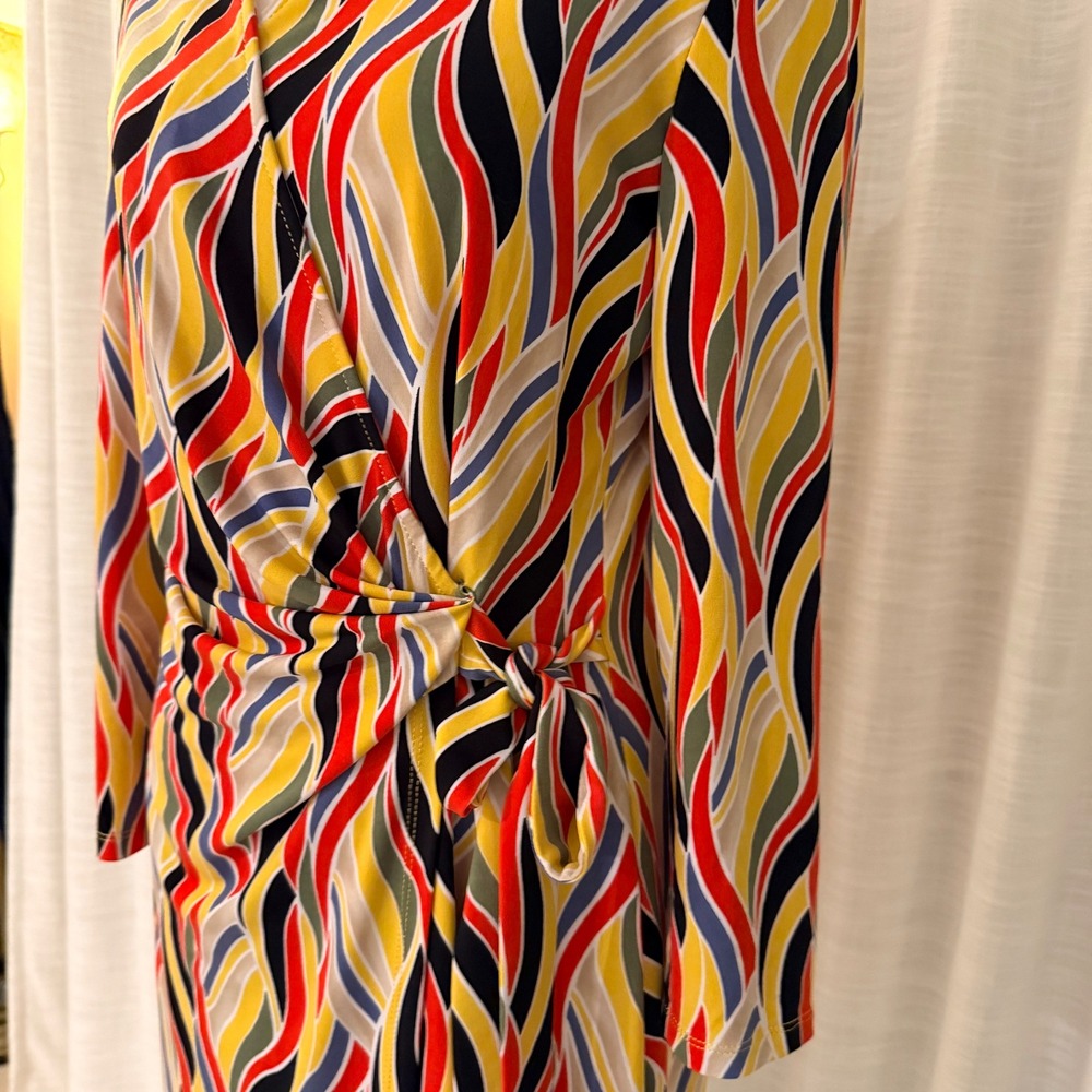J.Crew 2 Faux Wrap Dress Multicolor Abstract Brunch Resort Knee Length Tie Waist - Picture 15 of 16